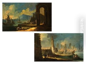Italienische Fantasie-uferlandschaften Mit Handelsschiffen (+ Another; Pair) Italienische Fantasie-uferlandschaften Mit Handelsschiffen (+ Another; Pair)