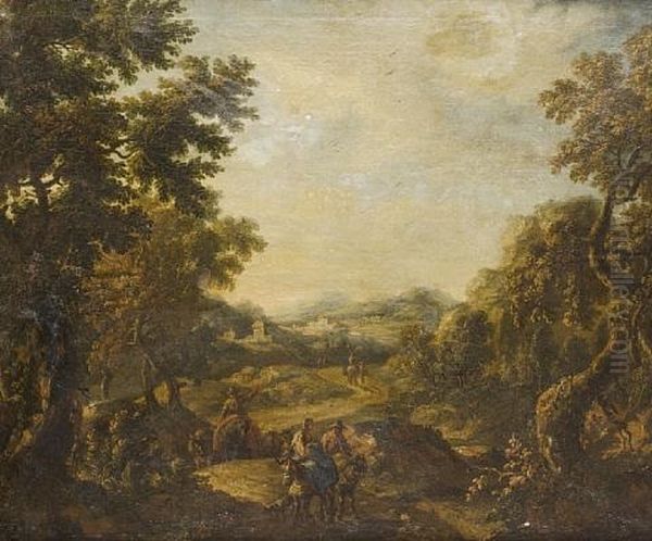A Wooded Landscape With Peasants On Their Mules Travelling On A Country Path - view 1