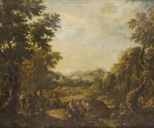 A Wooded Landscape With Peasants On Their Mules Travelling On A Country Path