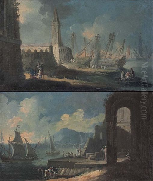 Marina Con Ruderi, Velieri E Figure (+ Another; Pair) - view 1