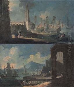 Marina Con Ruderi, Velieri E Figure (+ Another; Pair) by Michele Pagano