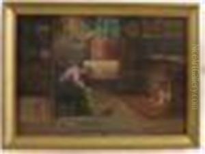 Interior Scene With Woman And Cat By The Fire by Edward A. Page