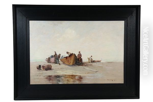 Fishermen Repair Nets On Beached Dories - view 1