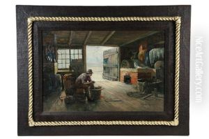 Fisherman At Work Inside His Shack