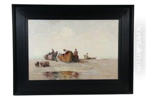 Fisherman Repair Nets On Beached Dories