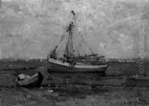 Schooner In The Water With A Beached Dinghy