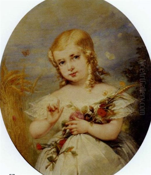 Portrait De Petite Fille Au Bouquet De Fleurs - view 1