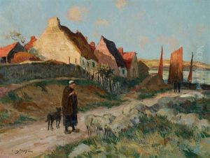 French Fishing Village Scene by Jules Eugene Pages