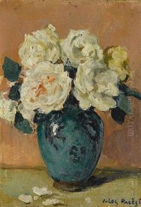 A Still Life With Flowers; The Courtyard Garden (group Of 2) by Jules Eugene Pages