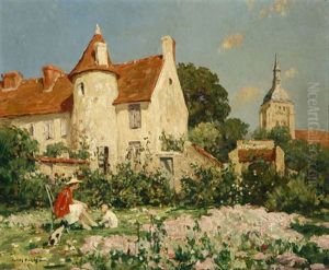 Figures And Dog In A French Chateau Garden by Jules Eugene Pages