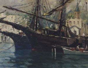 Sailing Ships In The Harbor by Jules Eugene Pages