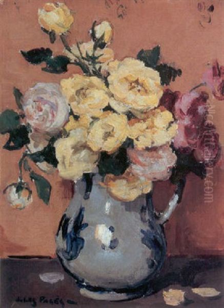 A Still Life With Pink And Yellow Roses In A Vase - view 1