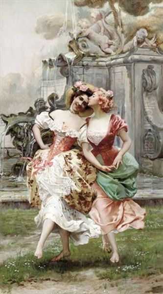 Young Girls Dancing By A Fountain - view 1