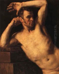 An Academy Study, His Right Arm Leaning On A Wall, The Left Arm Raised