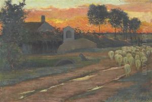 Landschaft Mit Schafherde Im Abendrot by Ferruccio Pagni