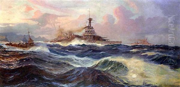 French Battleships Under Destroyer Escort At Sea - view 1
