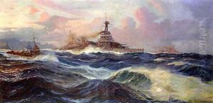 French Battleships Under Destroyer Escort At Sea by Jean-Louis Paguenaud