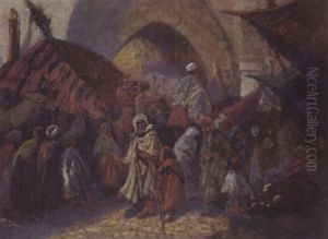 Chameliers Et Marchands A L'entree De La Ville Arabe by Jean-Louis Paguenaud