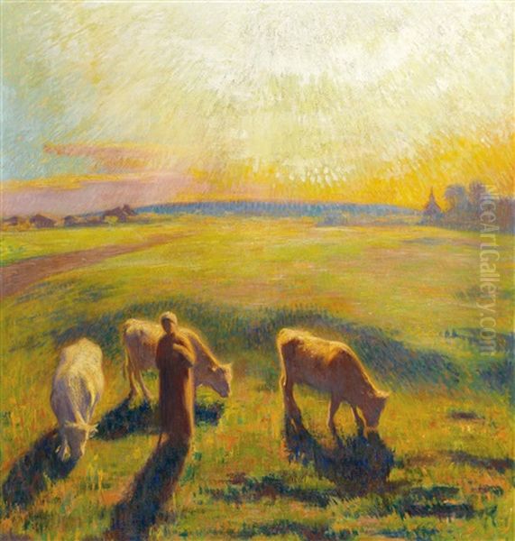 Hirtin Mit Kuhen Im Abendlicht - view 1