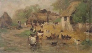 Poules Et Canards Dans Une Cour De Ferme