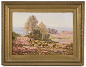 Shepherd With Sheep In A Meadow Of Flowers by Edouard Pail