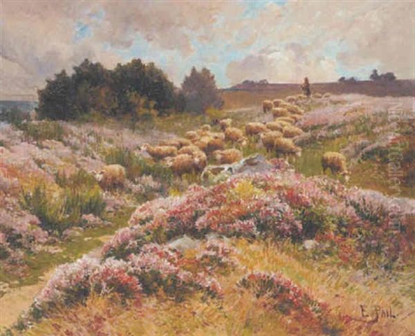 A Shepherd Herding His Flock Across Moorland - view 1