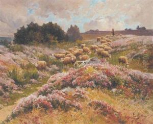 A Shepherd Herding His Flock Across Moorland by Edouard Pail