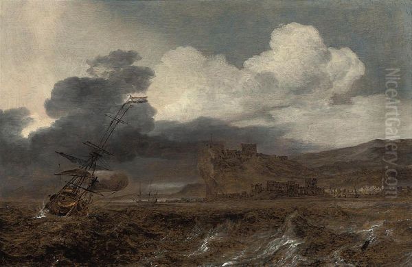 Dutch Men-o'-war In Choppy Waters Off A Coast - view 1