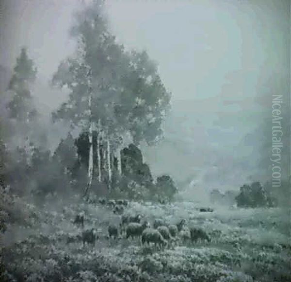 Landscape With Sheep In Field Of Heather - view 1