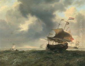 Navi Da Battaglia E Barche Di Pescatori Nel Mare In Tempesta