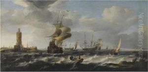 A River Estuary With Dutch Shipping In A Stiff Breeze, A Lighthouseto The Left by Jan Theunisz. Blankerhoff