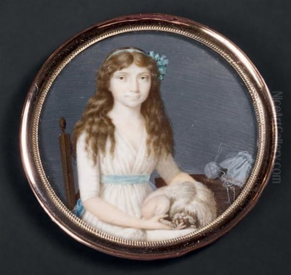 Portrait De Mademoiselle D'audelange En Robe De Soie Blanche Ceinturee D'un Ruban Bleu, Comme Le Noeud Attachant Ses Longs Cheveux Retombant Sur Ses Epaules - view 1