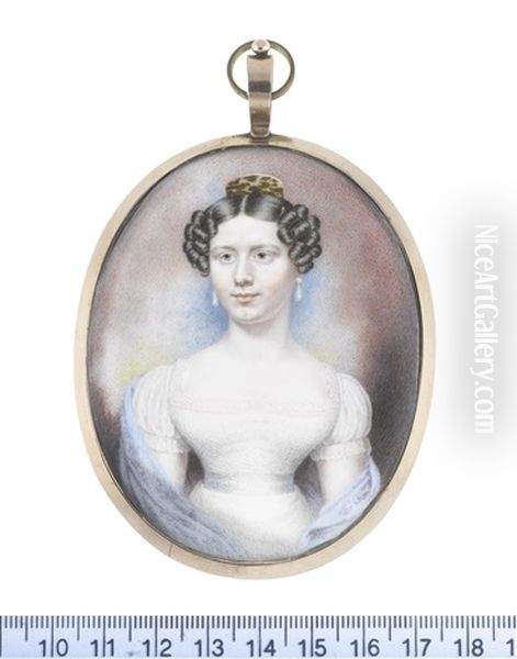 A Lady, Called Ms J. Wiseman, Wearing White Dress With Lace Bodice And Lace Trim To Her Decollete And Sleeves, Pale Blue Waistbelt And Matching Stole... - view 1