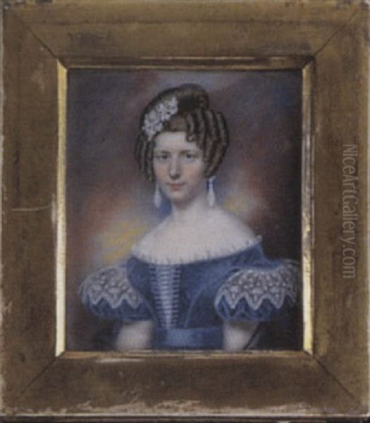 A Lady Wearing Decollete Blue Dress With Laced Bodice, White Lace Trim And Sleeve Caps, Black Lace Shawl, Drop Earrings And Comb In Her Upswept Hair - view 1