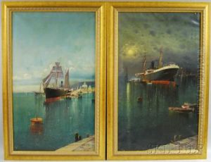 Pair Of Steamships At Dock: Day