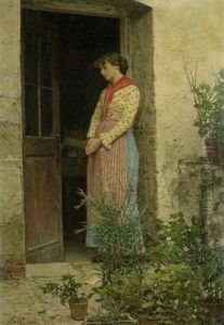 Junge Frau In Landlicher Tracht An Der Tur Eines Bauernhauses Stehend Junge Frau In Landlicher Tracht An Der Tur Eines Bauernhauses Stehend