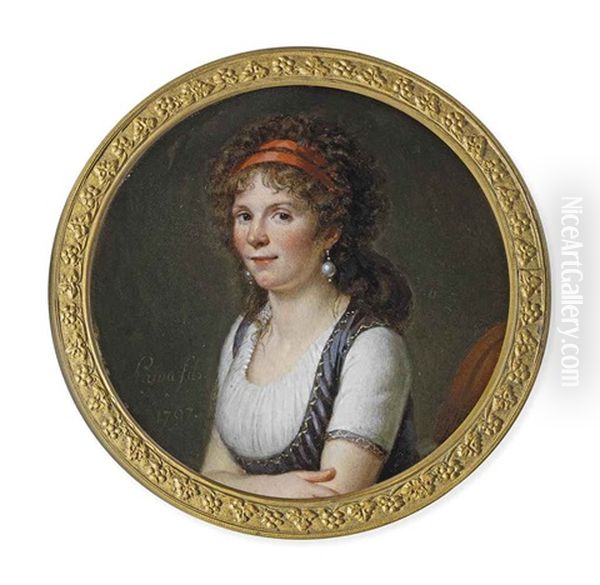 A Young Lady, In Gold-trimmed Mauve Dress With White Underdress, Her Arms Folded Across Her Front, Wearing Large Pearl Earrings - view 1