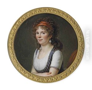 A Young Lady, In Gold-trimmed Mauve Dress With White Underdress, Her Arms Folded Across Her Front, Wearing Large Pearl Earrings by Jacques-Augustin-Catherine Pajou