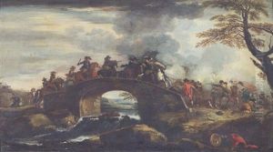 Cavalry Engagement On A River Bridge by Palamedes Palamedesz. (Stevaerts, Stevens)