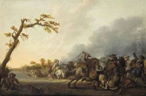 A Cavalry Skirmish With Horsemen Retreating Into A River To The Left by Palamedes Palamedesz. (Stevaerts, Stevens)
