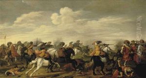 A Cavalry Skirmish In A Landscape by Palamedes Palamedesz. (Stevaerts, Stevens)