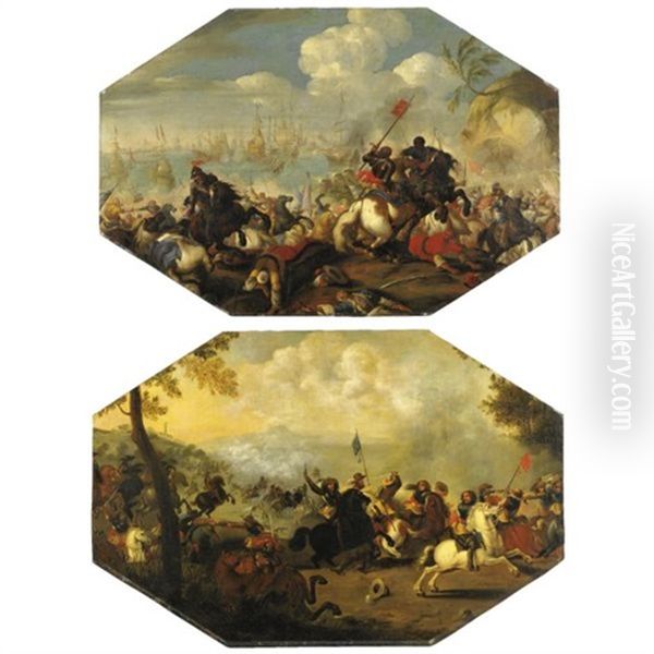 Battaglia Di Cavalleria, Con Battaglia Navale Sul Fondo (+ Scena Di Battaglia In Un Paesaggio Collinare; Pair) - view 1