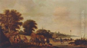 A Wooded Landscape With Travellers In A Wagon Being Ambushed