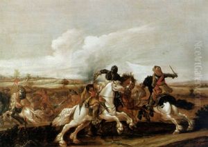 Bewegte Reiterschlacht In Hugeliger Landschaft An Einem Spatherbsttag by Palamedes Palamedesz. (Stevaerts, Stevens)