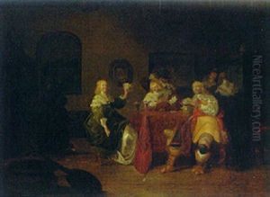 Elegant Company Playing Cards In An Interior by Palamedes Palamedesz. (Stevaerts, Stevens)