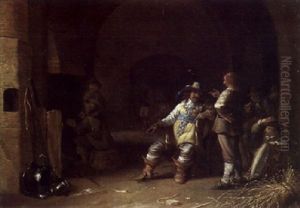 A Guardroom With Soldiers Conversing With An Officer And Warming Themselves Before A Fire
