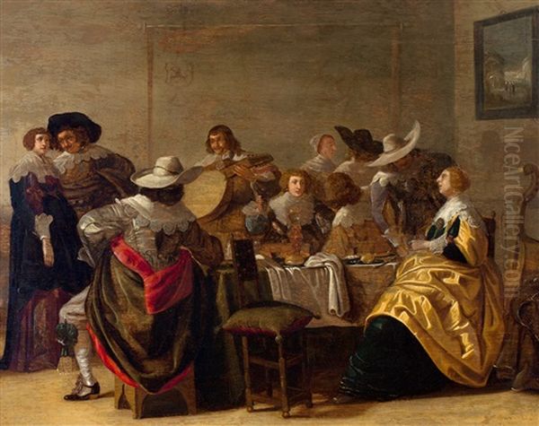 Een Musicerend En Drinkend Gezelschap Aan Een Tafel - view 1
