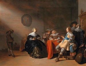 An Interior With A Company Conversing At A Table by Anthonie Palamedesz
