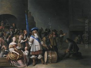 A Guardroom Interior With An Officer, His Men And A Mother And Child by Anthonie Palamedesz