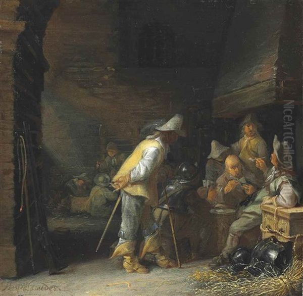 Soldiers Playing Cards And Smoking In A Barn - view 1